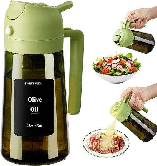 SWEET VIEW Olive Oil Dispenser and Oil Sprayer – 16oz/470ml Glass Light-Proof Oil Pourer for Kitchen Air Fryer, Cooking, Salad, and BBQ, with Stickers