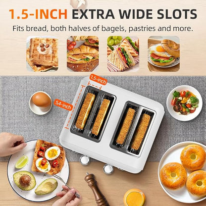 RAMJOY White Toaster 4 Slice, Dual Independent Controls, Extra Wide Slot Toasters for Bagel, Bread, Waffles, 7 Shade Settings, 4 Main Functions, Removable Crumb Tray, 1500 Watts, White Stainless Steel