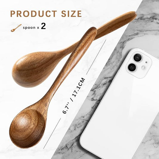 2 PCS Wooden Spoons for Honey, 6.7 inch Small Wooden Spoons - Terrific for Tea, Coffee & Soup, Little Acacia Wood Serving Table Spoon Set, Bulk Bamboo Teaspoon for Eating with Unique Design