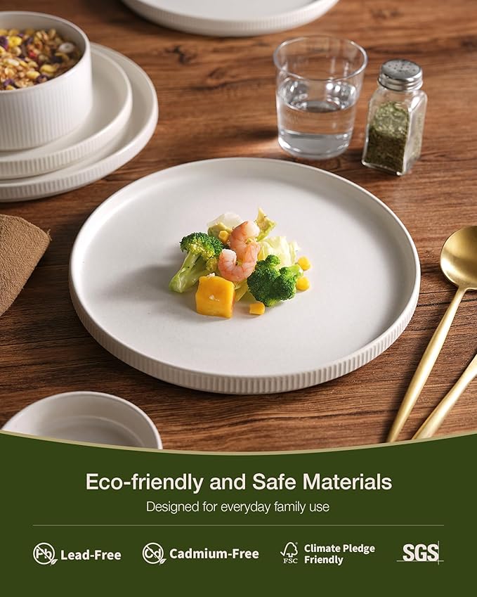 Famiware Star 12-Piece Stoneware Flat Plate Set for 6-10.5" Dinner Plates & 8" Salad Plates, High Edge Dishes Dinnerware Sets, Chip & Scratch Resistant, Microwave & Dishwasher Safe, Matte White