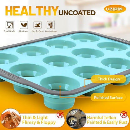 Silicone Muffin Pan, 12 Cups Non-Stick Cupcake Pan, Food-Grade BPA-Free Muffin Tin, Oven-Safe 450 °F, Reinforced Steel Frame, Easy-Grab Handles, Quick-Release 2.3" Baking Molds for Mini Treats