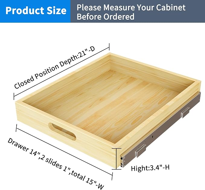 2 Set Pull Out Cabinet Organizer, Soft Close Slide Out Wood Drawer Storage Shelves for Kitchen, Base Cabinet Organization for Pantry, Finished, Heavy-Duty, Bottom Assembly (15” W x 21” D)