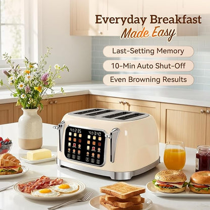 RONGBEST Retro 4 Slice Touch Screen Toaster with Stainless Steel Wide Slot, Reheat & Defrost Bagel for Family Breakfast Bread, 6 Browning Levels, Removable Crumb Tray, Cream Color