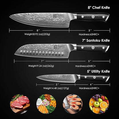 KEEMAKE Damascus Kitchen Knife Set, 3 PCS Japanese Knife Sets with Full Tang Ergonomic Handle, 67 Layers Damascus Chef Knives, Gift Box for Men Husband