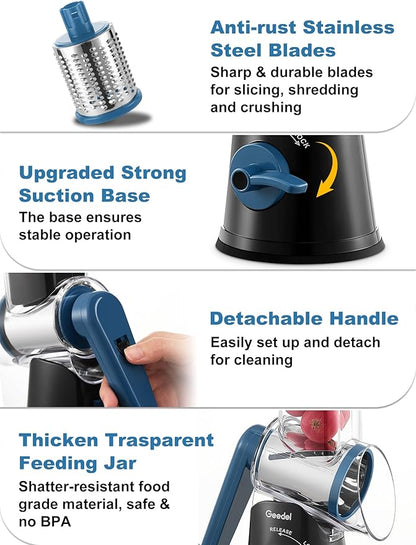 Geedel Rotary Cheese Grater Cheese Shredder - Upgraded 5-in-1 Cheese Grater with Handle and Strong Suction Base, Multi-purpose Vegetable Slicer Ice Shaver Nuts Grinder for Cheese, Vegetables, Ice