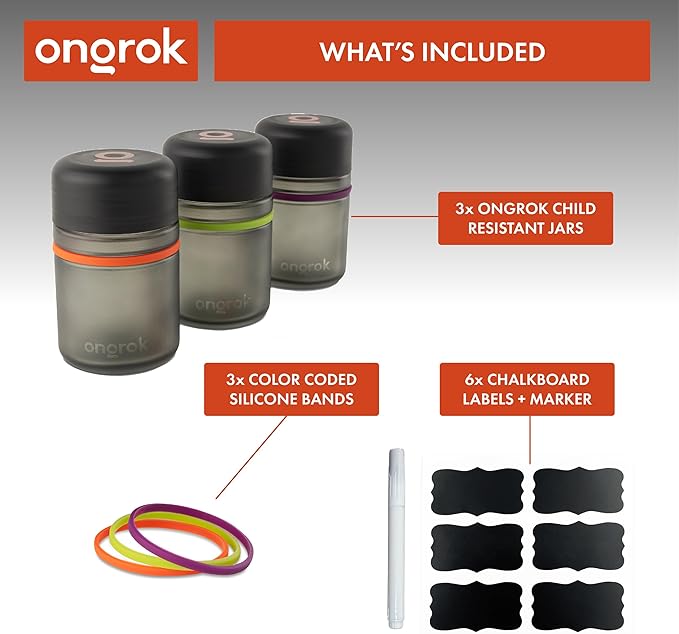 ONGROK Glass Storage Jar, 180ml, 3 Pack | UV Herb/Spice Jar with Child‑Resistant Lid, Color‑Coded Glass Containers to Preserve Smell and Aroma