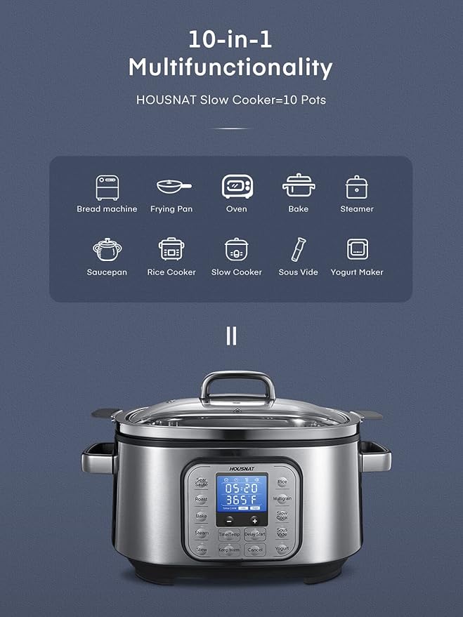 HOUSNAT Slow Cooker, 10 in 1 Programmable Slow Cooker 6QT 304 Stainless Steel Inner Pot, Multi-Cooker with Rice, Yogurt, Sauté, Steam, Delay Start & Adjustable Temp – for Large Families & Entertaining