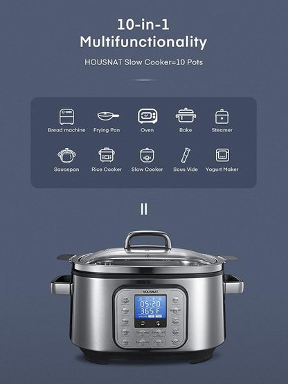 HOUSNAT Slow Cooker, 10 in 1 Programmable Slow Cooker 6QT 304 Stainless Steel Inner Pot, Multi-Cooker with Rice, Yogurt, Sauté, Steam, Delay Start & Adjustable Temp – for Large Families & Entertaining