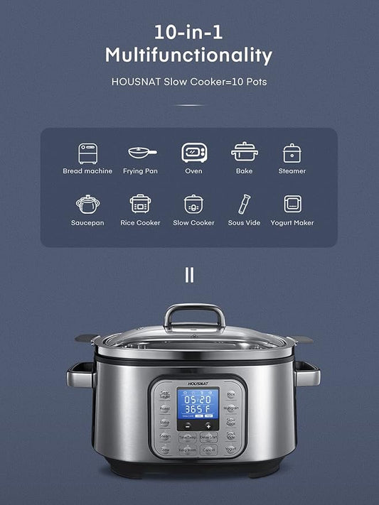 HOUSNAT Slow Cooker, 10 in 1 Programmable Slow Cooker 6QT 304 Stainless Steel Inner Pot, Multi-Cooker with Rice, Yogurt, Sauté, Steam, Delay Start & Adjustable Temp – for Large Families & Entertaining