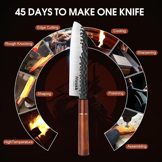 Huusk Japan Knife, 7 Inch Santoku Kitchen Knife, Professional Japanese Chefs Knives Hand Forged High Carbon Steel Sharp Chopping Knives, Ergonomic Rosewood Handle, for Meat, Fish,Ideal Gifts