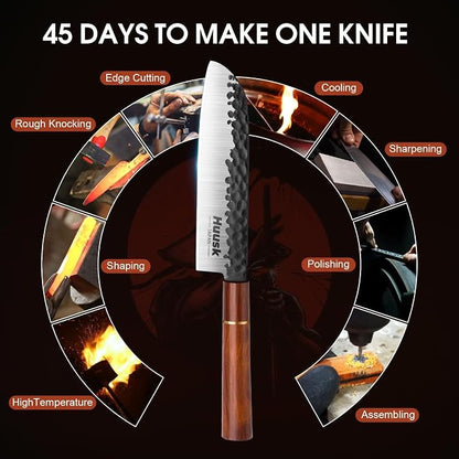 Huusk Japan Knife, 7 Inch Santoku Kitchen Knife, Professional Japanese Chefs Knives Hand Forged High Carbon Steel Sharp Chopping Knives, Ergonomic Rosewood Handle, for Meat, Fish,Ideal Gifts