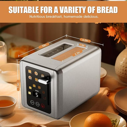 WUNLY Smart Digital 2 Slice Toaster with Touch Screen,1.5'' Extra Wide Slots for Bagel, Digital Countdown & Sound Control, 6 Bread Types & 6 Shade Settings, Defrost/Reheat/Standby,Grey