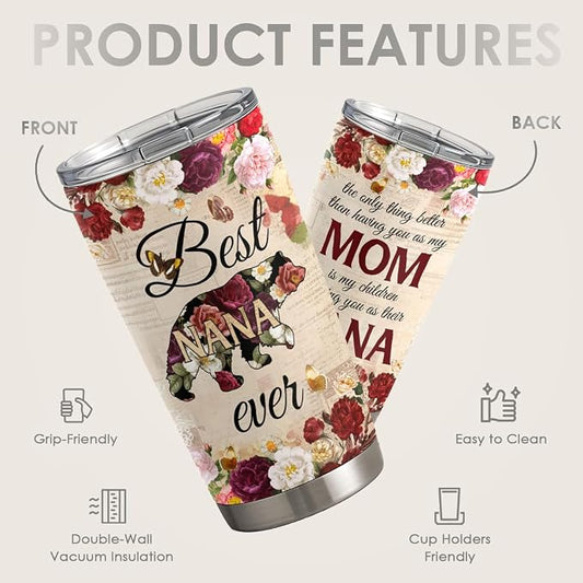 SANDJEST 20oz Insulated Tumbler for Nana, Best Nana Ever Floral Stainless Steel Travel Mug for Grandma from Grandkids