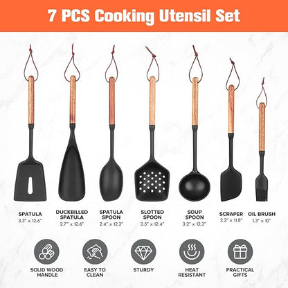 Silicone Cooking Utensils Set of 7 Pack, Wood Handle Heat-Resistant Kitchen Utensils, Non-Stick Cookware Safe - Include Spatula, Spoon, Ladle, Bowl Scraper, Basting Brush for Cooking, Baking, BBQ