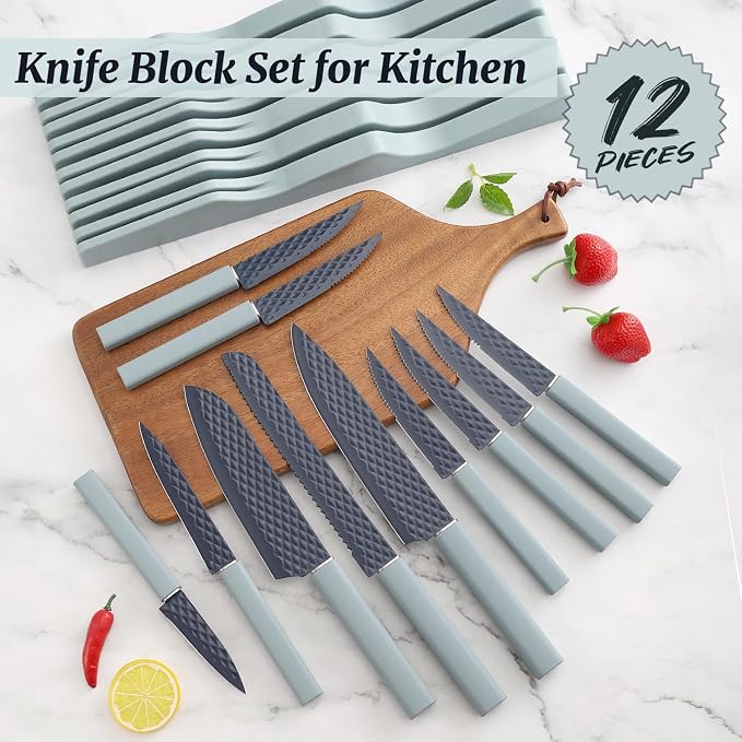 12-Piece Blue Modern Knife Block Set with Drawer Organizer, Stainless Steel Knife Set, 7.2" Chef Knife, 6 Steak Knives