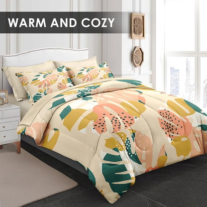 Pamnest Comforter Set Twin Size, Monstera Palm Leaf Botanical 5 Pcs Bedding for Kids and Adults, Spring Summer Green Bed Sheet Sets with Fitted Sheet Pillowcase & Sham for Bedroom Bed Decor