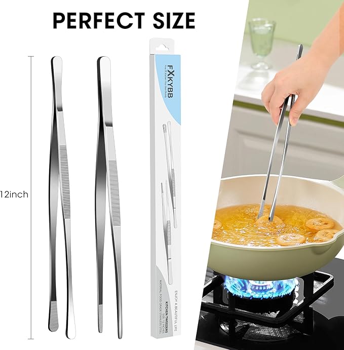 2 Pcs 12-inch Stainless Steel Kitchen Utensils, Cooking Tongs, Kitchen Tweezers for Cooking, Camping Cooking Essentials