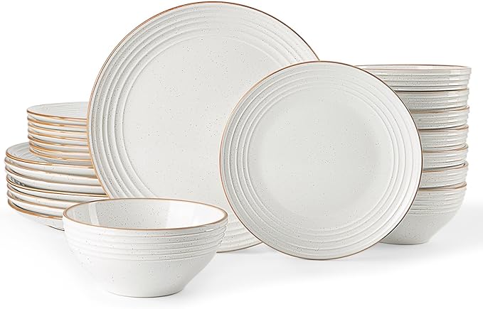 Famiware Jupiter 24-Piece Stoneware Dinnerware Set, Handcrafted Plates and Bowls with Speckles & Embossed Swirls, Chip/Scratch Resistant, Microwave/Dishwasher Safe, Rustic Dishes, Service for 8, White
