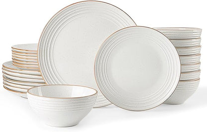 Famiware Jupiter 24-Piece Stoneware Dinnerware Set, Handcrafted Plates and Bowls with Speckles & Embossed Swirls, Chip/Scratch Resistant, Microwave/Dishwasher Safe, Rustic Dishes, Service for 8, White