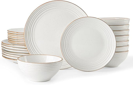 Famiware Jupiter 24-Piece Stoneware Dinnerware Set, Handcrafted Plates and Bowls with Speckles & Embossed Swirls, Chip/Scratch Resistant, Microwave/Dishwasher Safe, Rustic Dishes, Service for 8, White