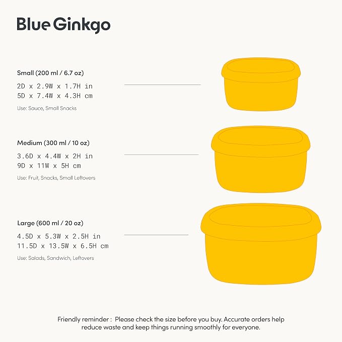 BLUE GINKGO Nesting Silicone Containers - Set of 3 Hard-Shell Silicone Food Storage Containers | BPA Free, Airtight, Dishwasher and Freezer Safe (6.7oz, 10oz, 20oz) - Yellow