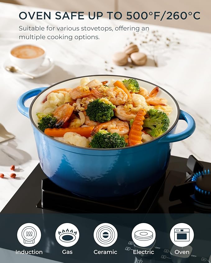 Enameled Cast Iron Dutch Oven - 6QT Pot with Lid & Cotton Potholders - Heavy-Duty Cookware for Braising, Stews, Roasting, Bread Baking, Oven Safe up to 500° F & Across All Cooktops, Navy Blue