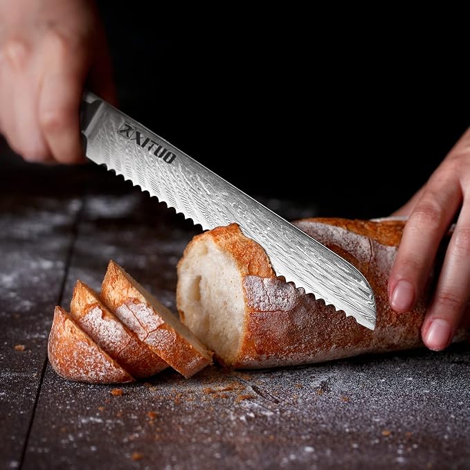 XITUO Damascus Serrated Bread Knife - VG10 Serrated Knife for Homemade Bread - Japanese Blue Resin & Wooden Handle - Slicer Knives for Sourdough Baguette - with Gift Box