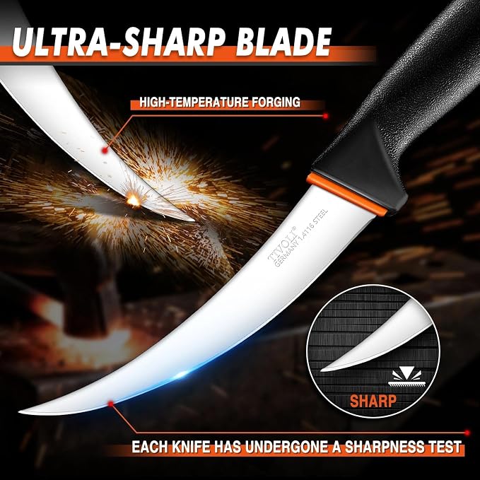 TIVOLI 6 Inch Curved Boning Knife - Butcher Knife with Ergonomic Non-Slip Softgrip & German Stainless Steel Razor Sharp Blade For Meat or Fish Deboning Filleting - Gift for Men Women