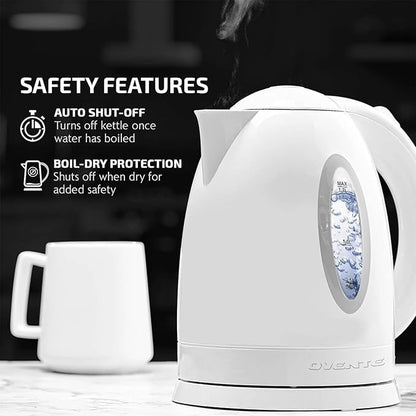OVENTE Electric Kettle,1.7L Fast Boiling Water Heater for Coffee or Tea,BPA Free with Water Level Gauge,Auto Shut-Off,Boil-Dry Protection,Indicator Light and Removable Filter,White KP72W,(Pack of 12)