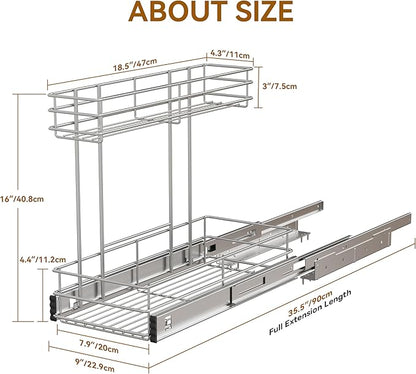 Under Sink Organizer 2 Packs, Pull Out Cabinet Organizer 2 Tier, Under Sink Slide Out Organizer Chrome Plated, Under Kitchen Bathroom Sink Organizer, Pantry Cabinet Closet Organization Rack, 9"W X19"D