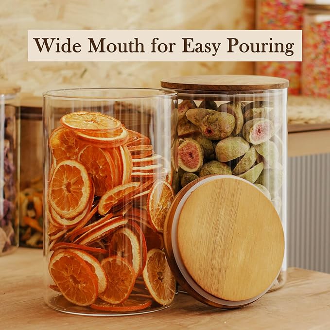 Labina Glass Storage Container Airtight Food Jars Kitchen Canister with Wood Lids, 121 Oz Wide Mouth Pantry Organization Glass Jar for Flour, Sugar, Cookie, Spagetti, Nuts and Candy (2 Pack)