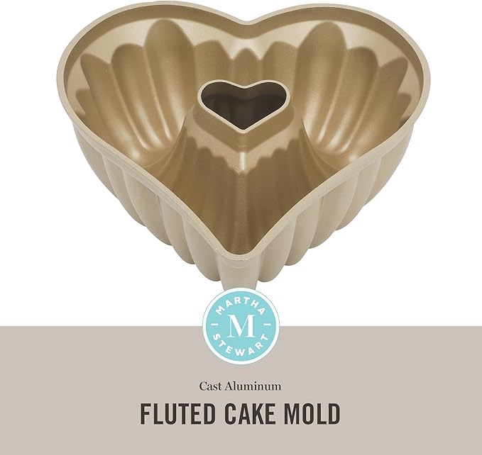 Martha Stewart Dunelle 10.75" Heart‑Shaped Cake Mold — Cast Aluminum Nonstick Fluted Cake Pan — Easy Release, Oven‑Safe to 450°F
