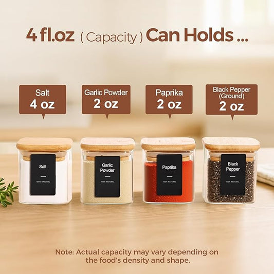 ComSaf 16Pcs Spice Jars with Labes, Glass Jar with Bamboo Lid, 4oz Airtight Square Spice Containers with Black Lables, Empty Seasoning Jars for Spice, Salt, Pepper, Sugar