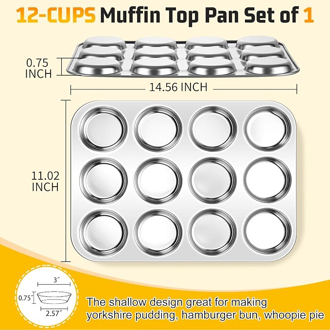 P&P CHEF 12-Cup Muffin Top Pan (1 Piece), Stainless Steel Muffin Pan Cupcake Tin with Shallow Side for Whoopie Pie & Yorkshire Pudding, Easy Clean & Oven Safe, Silver