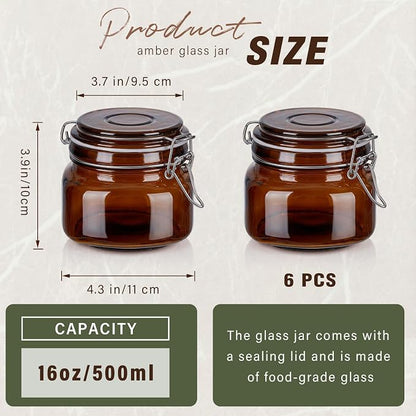 Norme 6 Pack 16oz Amber Airtight Glass Jars with Lids, Square Food Storage Container Airtight Food Wire Clip Fastening for Sauerkraut Flour Kitchen Sugar Cereal Kitchen Canning Pickling Mason Jars