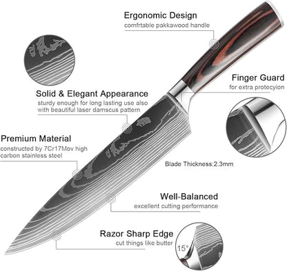 XITUO 10-Piece High Carbon Stainless Steel Knife Set, Laser-Etched Ultra Sharp Blade Kitchen Knives with Ergonomic Pakkawood Handle, Gift Box for Home Chef
