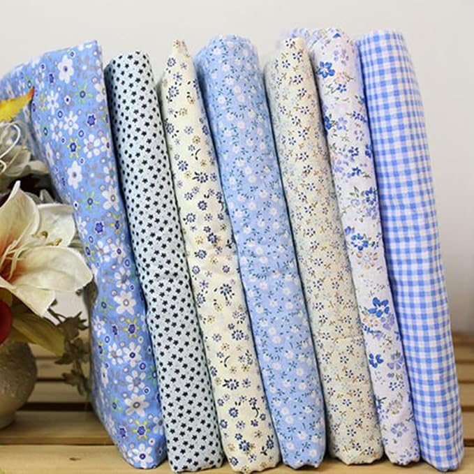 7Pcs Square Shape, Flower, Striped, Polka Dot Cotton Fabric Fabric for Sewing, 25x25cm Cotton Fabric Flower Polka Dot Bundle DIY Patchwork Quilt Cloth,Craft and Hobby Fabric (Blue)