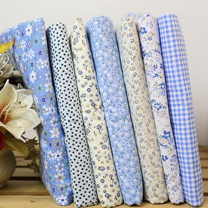 7Pcs Square Shape, Flower, Striped, Polka Dot Cotton Fabric Fabric for Sewing, 25x25cm Cotton Fabric Flower Polka Dot Bundle DIY Patchwork Quilt Cloth,Craft and Hobby Fabric (Blue)
