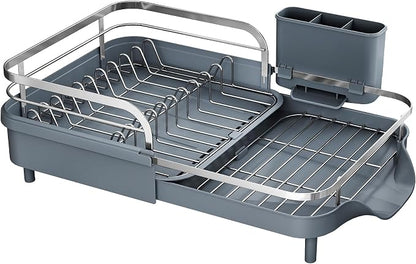 SAYZH Dish Drying Rack - Expandable Dish Rack for Kitchen Counter, Rust-Resistant Dish Drainer with Utensil Holder and Raised Guardrail, Kitchen Organizer for Cup and Bottle (Grey)