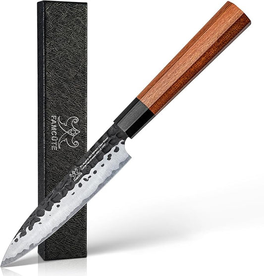 FAMCÜTE 5 inch Japanese Paring Knife, Hand Forged 5 Layers 9CR18MOV High Carbon Steel Professional Kitchen Small Knife With Rosewood Handle As a Warm and Beautiful Gifts for Mom/Dad