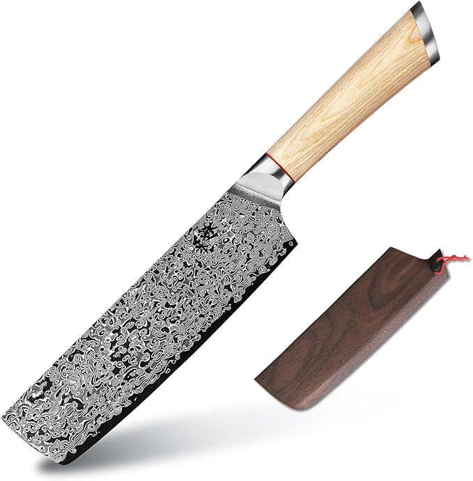 VG10 7inch Nakiri 67 layers Damascus Forged Stainless Steel kitch Knife PAKKA Handles.Black Walnut Wood Sheath Single-piece set