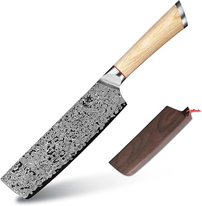 VG10 7inch Nakiri 67 layers Damascus Forged Stainless Steel kitch Knife PAKKA Handles.Black Walnut Wood Sheath Single-piece set