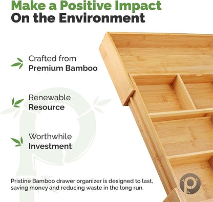 Pristine Bamboo Expandable Drawer Organizers for Kitchen - Extra Deep Non-Slip 17” x 14.6” (expands up to 25 inches) - Dark Wooden Silverware Divider (10 Compartments) – Organize Cooking Utensils