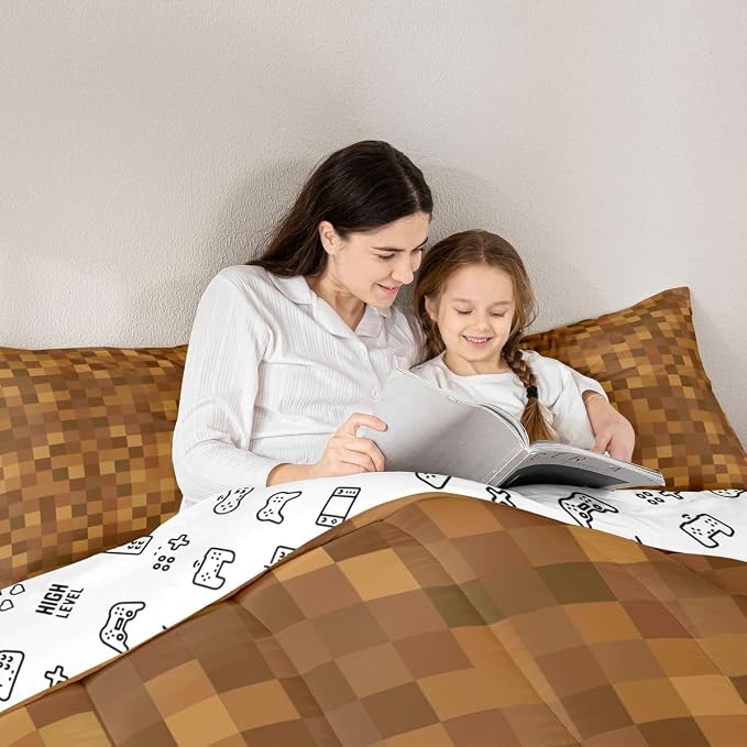 Manfei Pixelated Kids Comforter Toddler Size,Miners Lattice Games Quilt Set for Kids Boys Girls Bedroom Decor,Abstract Simple Grid Bedding Set,Brown Duvet Insert,1 Pillowcase