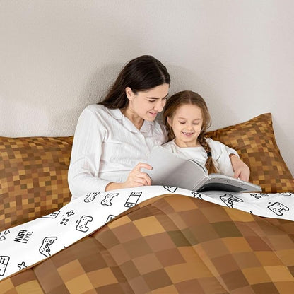 Manfei Pixelated Kids Comforter Toddler Size,Miners Lattice Games Quilt Set for Kids Boys Girls Bedroom Decor,Abstract Simple Grid Bedding Set,Brown Duvet Insert,1 Pillowcase