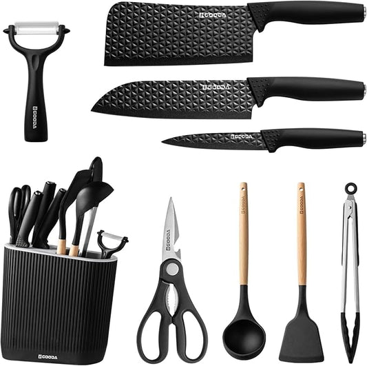 Gooda Knife Set with Block,9 Pieces Kitchen Knives and Heat Resistant Silicone Kitchen Utensils Set with Wooden Handle,Ideal Cooking Tools for Kitchen