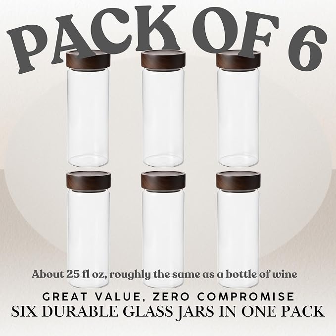 Sixhaven Wide Mouth Glass Storage Jars With 3" Acacia Wood Lids - 6 Pack of 25.3 Oz Airtight Food Storage Containers - Borosilicate Glass Canisters for Kitchen - Pantry Organizers Storage for Coffee