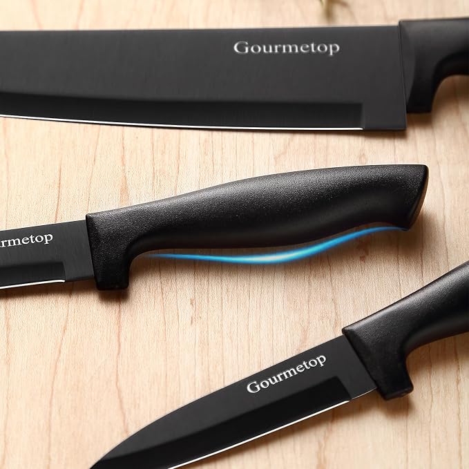 Gourmetop Kitchen Knife Set with No Drilling Magnetic Strip for Kitchen Black Titanium Small Cooking Knives, Sharp Stainless Steel Chef Knife Set for Cutting Meat & Vegetable