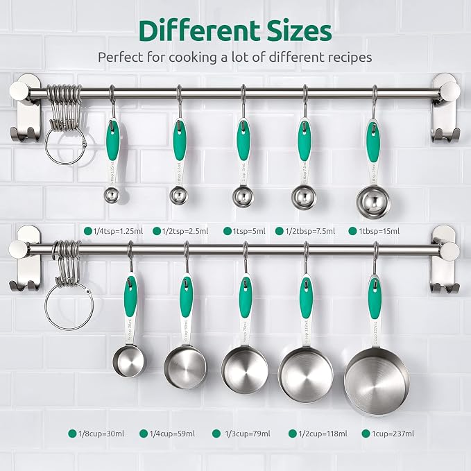 Measuring Cups and Spoons Set: U-Taste 18/8 Stainless Steel 10 Pieces Metal Stacking Kitchen Baking Cooking Food Measure Set 5 Cups 5 Spoons with Strengthened Weld Joints (Teal, Upgraded Version)