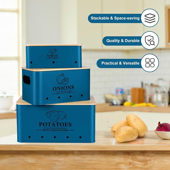 Kitchen Vegetable Storage Set of 3, Metal Onion Garlic Potato Storage Set, Kitchen Canisters Vegetable Keeper Containers with Aerating Holes and Wooden Lid (Dark Blue)